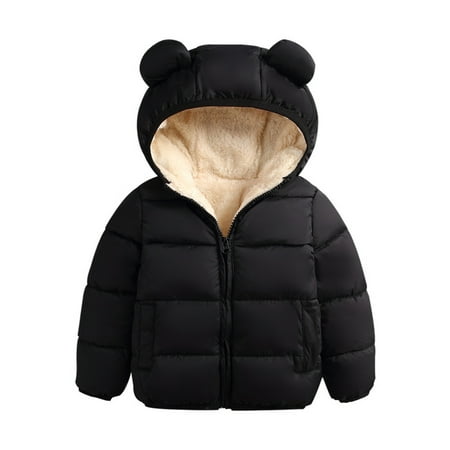 Qtinghua Infant Toddler Baby Boy Girl Hooded Coat Cute Ear Long Sleeve Zipper Jacket Winter Warm Outerwear Tops Black 6-12 Months