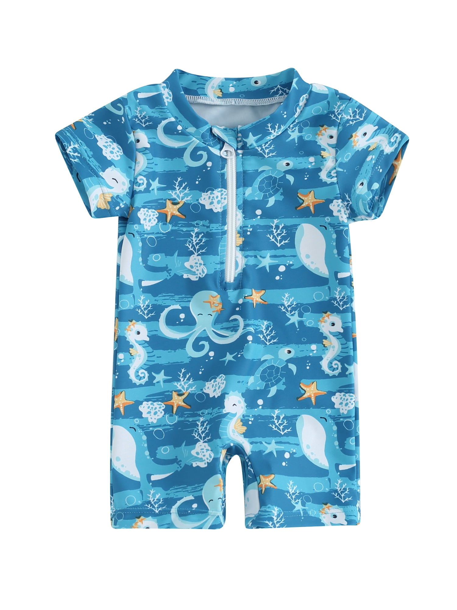 Qtinghua Infant Toddler Baby Boy Rash Guard Swimwear Marine Life Print Short Sleeve Swimsuits
