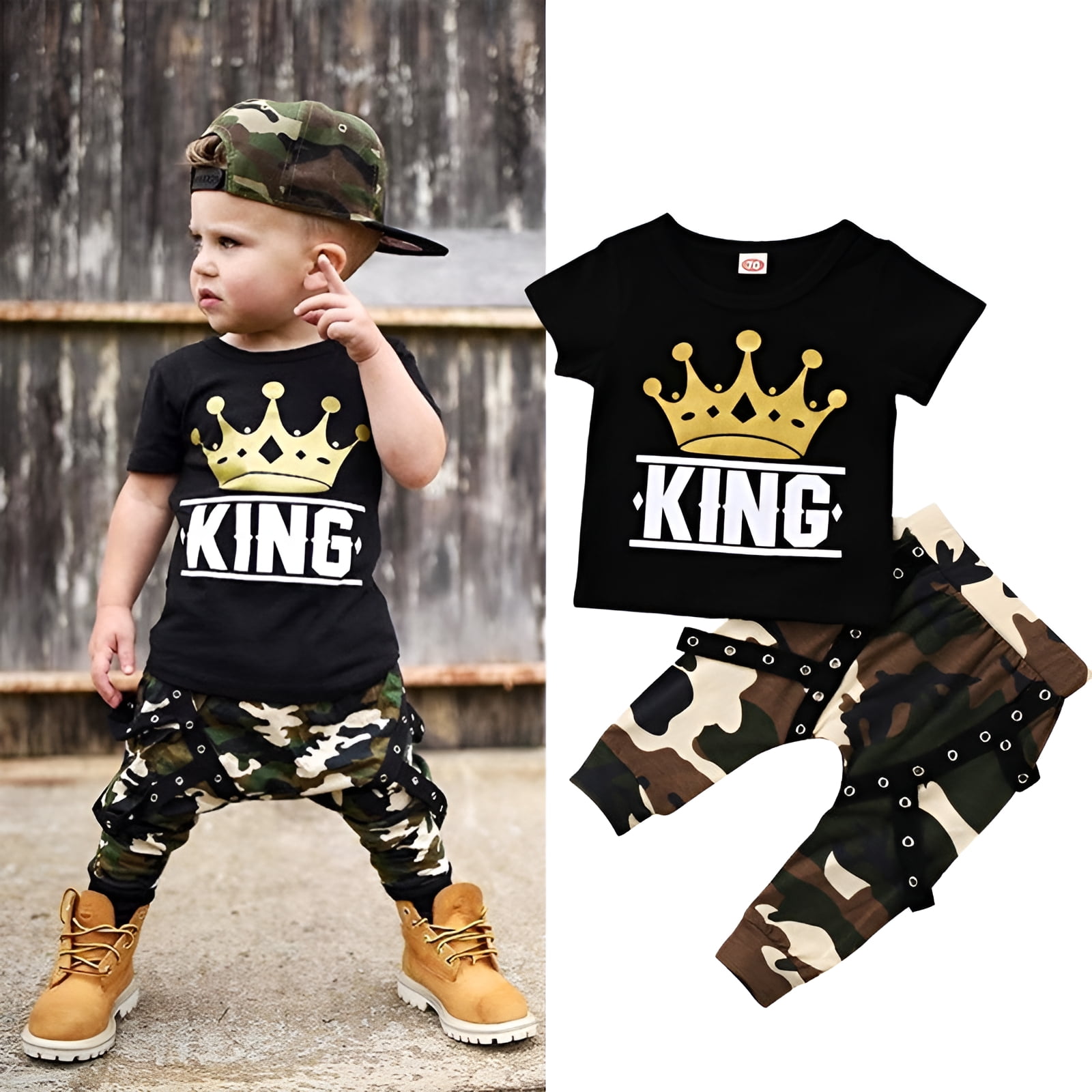 Qtinghua Infant Toddler Baby Boy Summer Clothes King Letter T-Shirt Crown Short Sleeve Tops+Camouflage Long Pants 2Pcs Outfits Black 12-18 Months