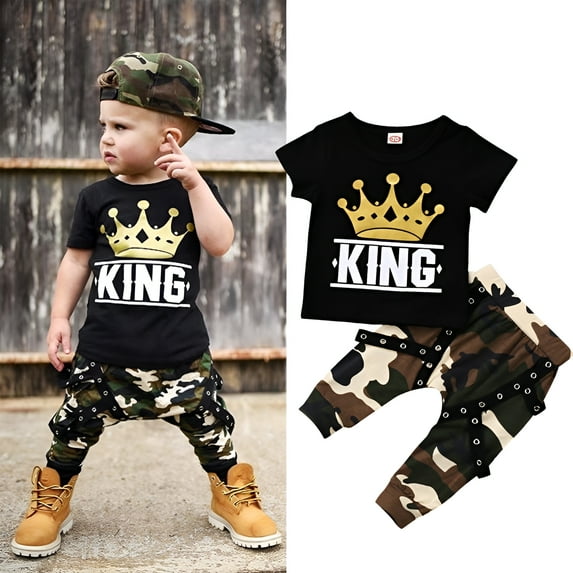 Qtinghua Infant Toddler Baby Boy Summer Clothes King Letter T-Shirt Crown Short Sleeve Tops+Camouflage Long Pants 2Pcs Outfits Black 12-18 Months