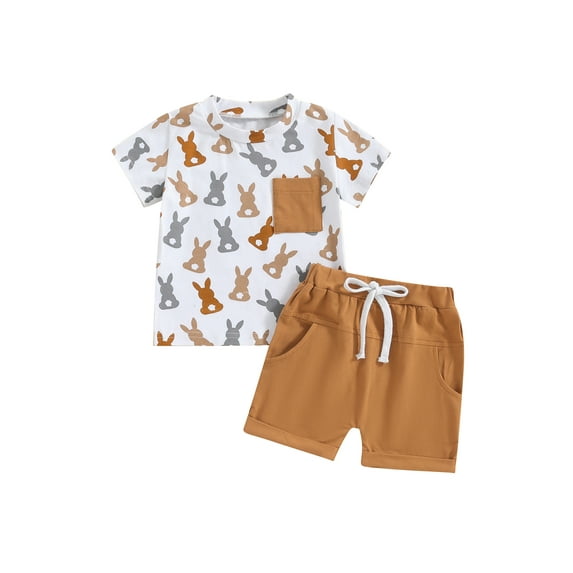 Qtinghua Infant Toddler Baby Boys Easter Clothes Short Sleeve Bunny Print Tops and Shorts Sets