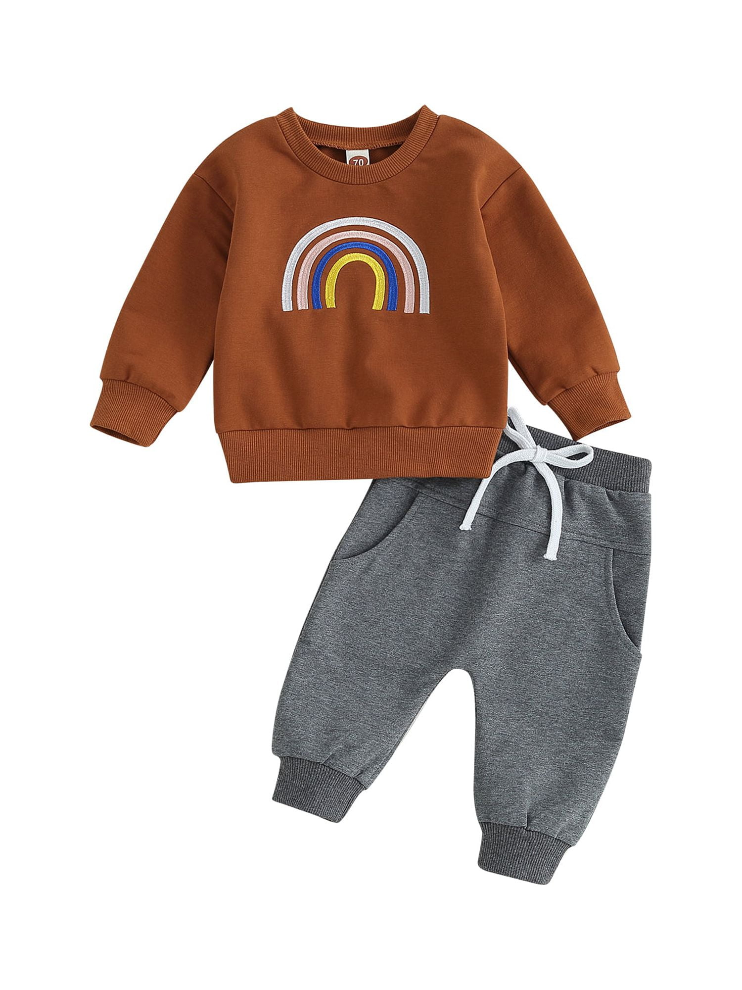 Qtinghua Infant Toddler Baby Boys Fall Outfits Rainbow Embroidery Long