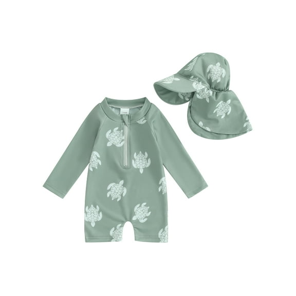 Qtinghua Infant Toddler Baby Boys Rash Guard Swimsuit Romper Long Sleeve Turtle/Dinosaur Print Bathing Suit Swimwear with Swim Cap Green 0-3 Months