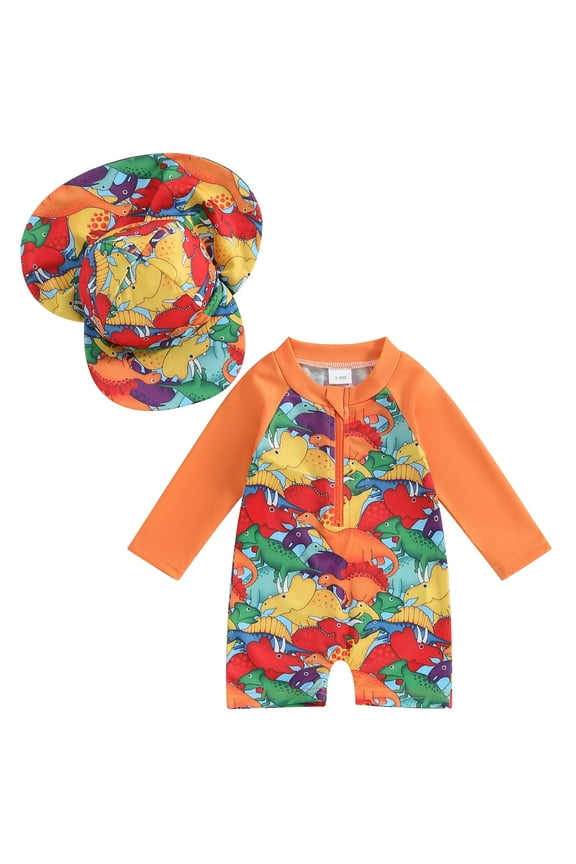 Infant Toddler Baby Boys Rash Guard Swimsuit Romper Long Sleeve Turtle/Dinosaur Print Bathing Suit Swimwear with Swim Cap