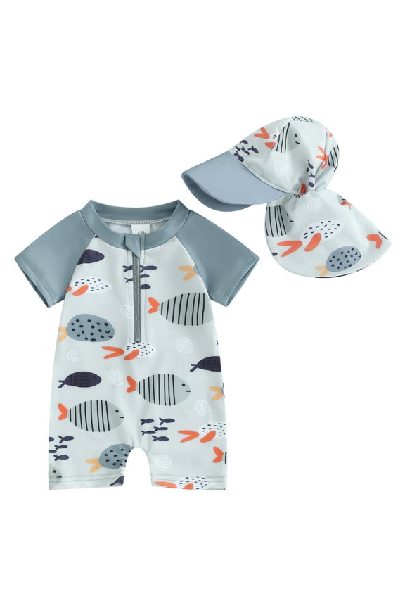 Infant Toddler Baby Boys Rash Guard Swimwear Fish Print Short Sleeve Swimsuits Front Zipper Bathing Suits with Swimming Hat White 0-3 Months