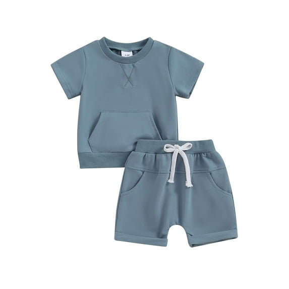 Qtinghua Infant Toddler Baby Girl Boy Summer Clothes Short Sleeve Embroidery T-shirt Tops with Shorts Outfits Blue 18-24 Months