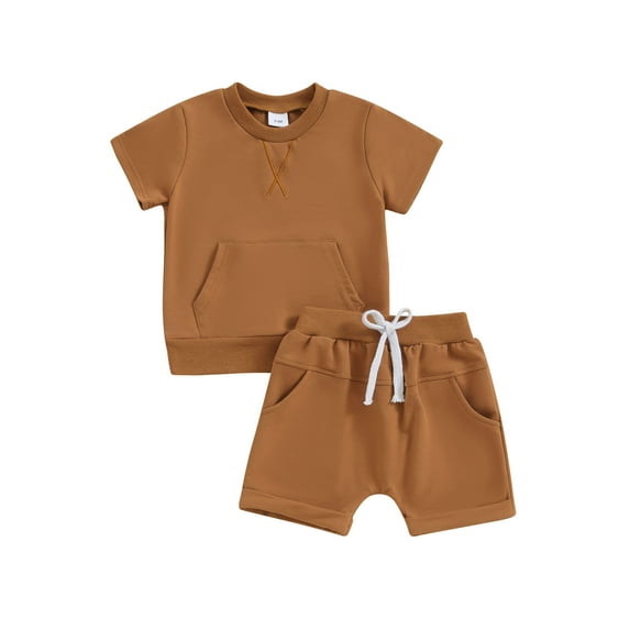 Qtinghua Infant Toddler Baby Girl Boy Summer Clothes Short Sleeve Embroidery T-shirt Tops with Shorts Outfits Brown 0-6 Months
