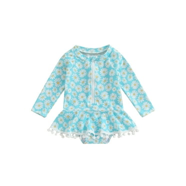 Qtinghua Infant Toddler Baby Girls Rash Guard Swimsuit Romper Long Sleeve Daisy Print Bathing Suit Swimwear Sky Blue 6-9 Months