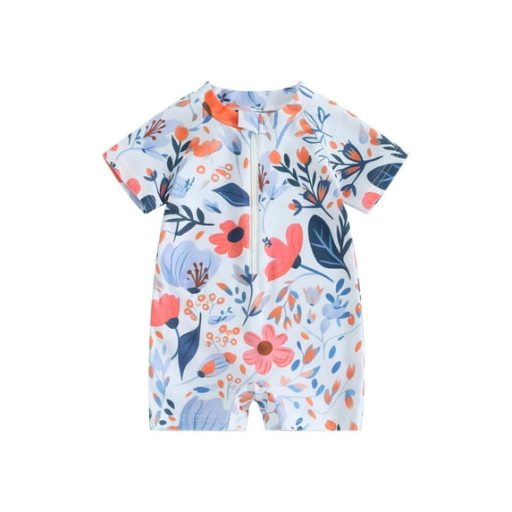 Qtinghua Infant Toddler Baby Girls Rash Guard Swimsuit Rompers Zipper Short Sleeve Floral Print Bathing Suit Swimwear