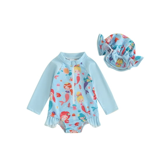 Qtinghua Infant Toddler Baby Girls Swimsuit Strawberry Flower Mermaid Romper with Hat Swimwear Bathing Suit Blue 18-24 Months