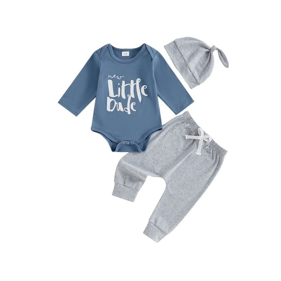 Qtinghua Little Dude Newborn Baby Boy Fall Clothes Long Romper Bodysuit Jogger Pants Set 3Pcs Infant Coming Home Outfit