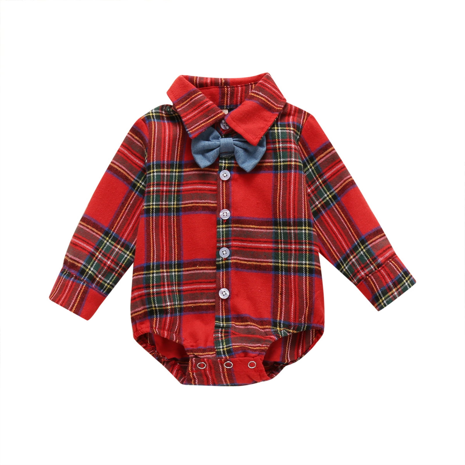 Qtinghua Newborn Baby Boy Christmas Outfits Plaid Button Bodysuit Long