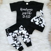 Qtinghua Newborn Baby Boy Clothes Handsome just Like Dad Letter Print Romper Tops+Long Pants+Hat Infant 3PCS Outfits Black 6-12 Months