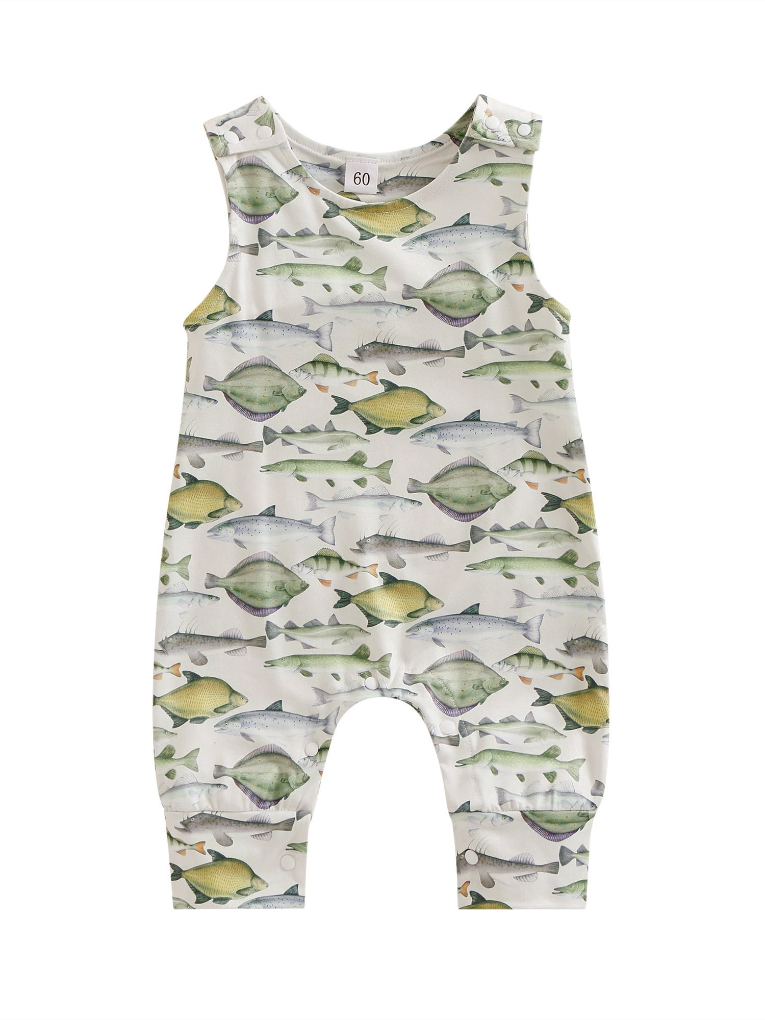 Qtinghua Newborn Baby Boy Girl Clothes Dinosaur Fish Print Sleeveless  Romper Jumpsuit Summer Outfits White Fish 3-6 Months