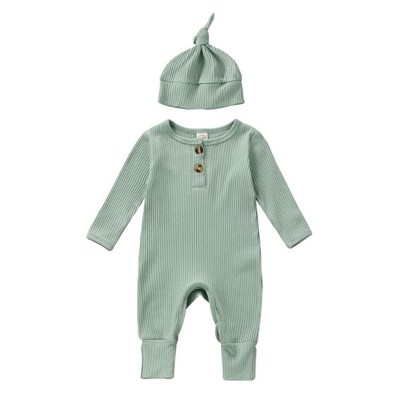 Qtinghua Newborn Baby Boy Girl Clothes Knit Ribbed Romper Long Sleeve Button Zipper Jumpsuit Hat Outfits Blue 12-18 Months