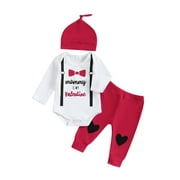 Qtinghua Newborn Baby Boy Valentine's Day Clothes Letter & Bow Print Long Sleeve Romper with Pants and Hat Outfits Red 0-3 Months