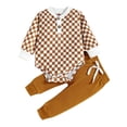 thumbnail image 1 of Qtinghua Newborn Baby Girl Boy Fall Clothes Checkerboard Print Long Sleeve Romper+Long Pants Outfits Caramel 12-18 Months, 1 of 9