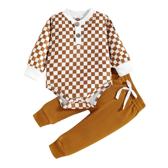 Qtinghua Newborn Baby Girl Boy Fall Clothes Checkerboard Print Long Sleeve Romper+Long Pants Outfits Caramel 12-18 Months