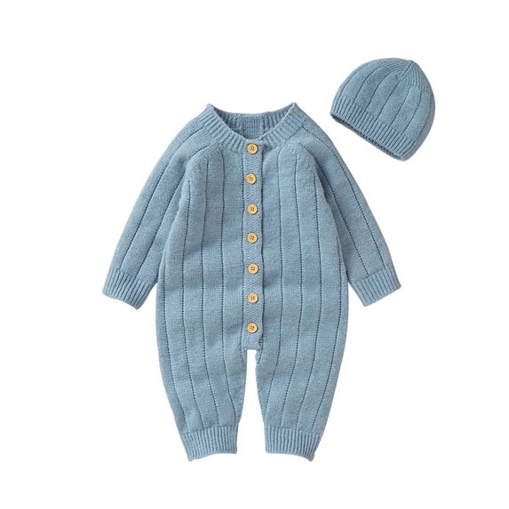 Qtinghua Newborn Baby Girl Boy Winter Clothes Long Sleeve Knit Sweater Romper Jumpsuit with Hat Outfits Blue 3-6 Months