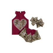 Qtinghua Newborn Baby Girls 3 6 9 12 18 Months Outfits Top Love Heart Leopard Shorts Pants Headband Summer 3Pcs Clothes Black 3-6 Months