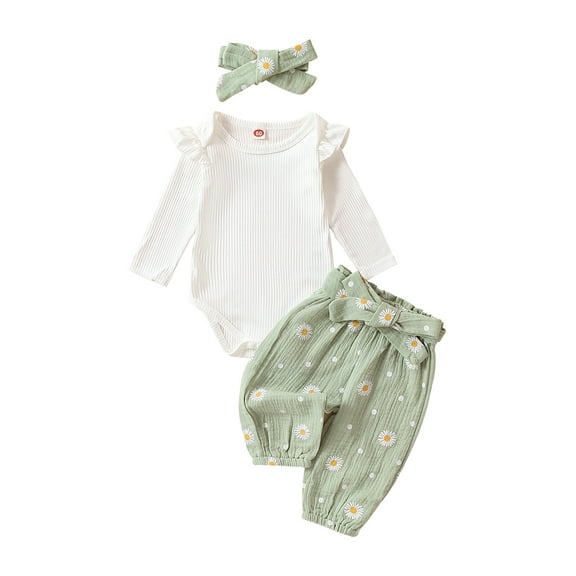 Qtinghua Newborn Baby Girls Fall Clothes Long Sleeve Ruffle Romper Daisy Print Belted Pants Headband Set Green 12-18 Months