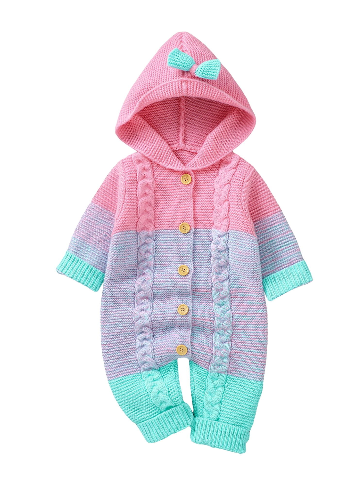 Qtinghua Newborn Baby Girls Knit Romper Long Sleeve Contrast Color