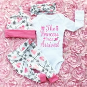 Qtinghua Newborn Baby Girls Outfits Long Sleeve Romper Bodysuit Top + Arrow of Heart Pants + Headband + Hat 4PCS Set Pink 0-3 Months