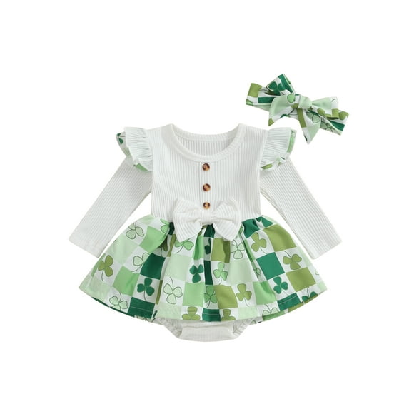 Qtinghua Newborn Baby Girls St. Patrick's Day Romper Dress Long Sleeve Clover Print Ruffle Jumpsuit with Headband Clothes White 9-12 Months