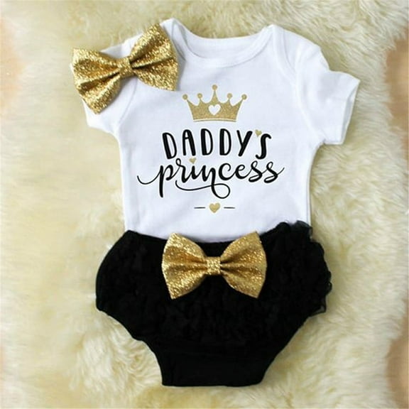 Qtinghua Newborn Baby Girls Summer Clothes Daddy's Princess Short Sleeve Bodysuit Romper+Shorts Pants+Headband Set White 0-3 Months