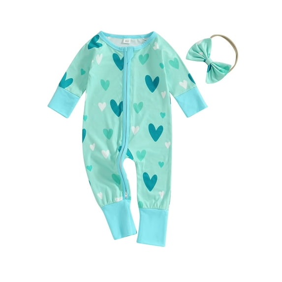Qtinghua Newborn Baby Girls Valentine’s Day Outfits Romper Long Sleeve Heart Print Jumpsuit with Headband Clothes Green 3-6 Months