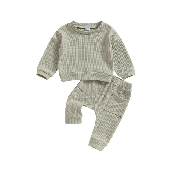 Qtinghua Newborn Infant Baby Boy Girl Waffle Outfits Long Sleeve Sweatshirt Tops Pants Fall Winter Clothes Apricot 6-9 Months