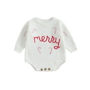 Qtinghua Newborn Infant Baby Girl Boy Christmas Sweater Romper Long Sleeve Candy Cane Embroidery Knit Bodysuit Clothes White 0-3 Months