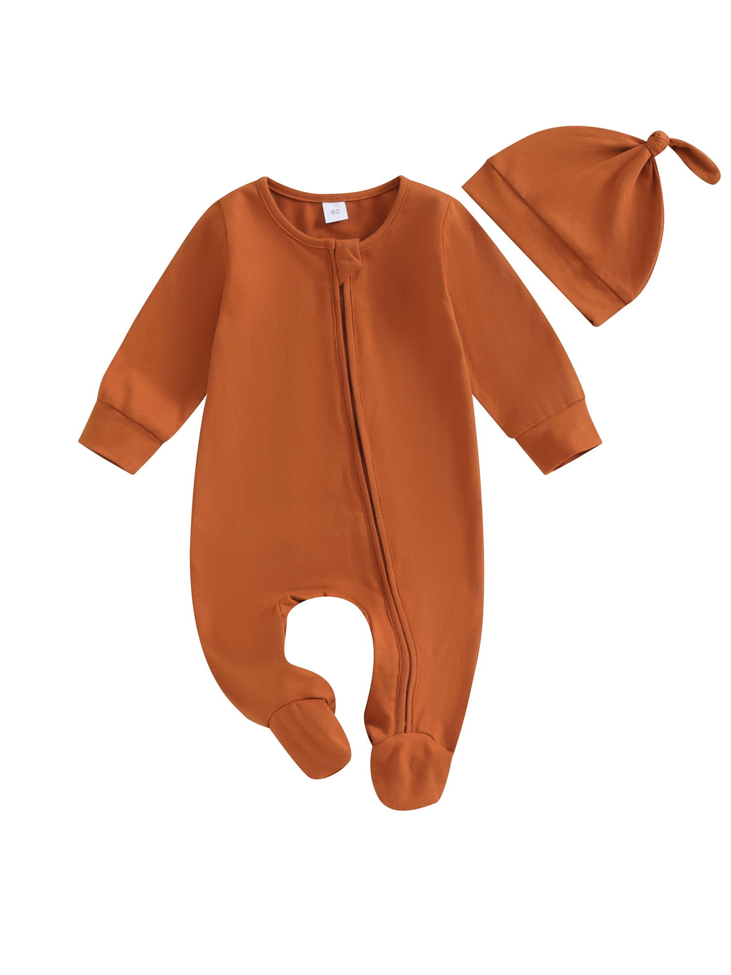 Qtinghua Newborn Infant Baby Girl Boy Footies Romper Solid Color Long Sleeve Zipper Bodysuit