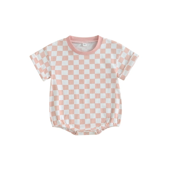 Qtinghua Newborn Infant Baby Girl Boy Jumpsuit Checkerboard Print Short Sleeve Romper Summer Clothes Pink 12-18 Months