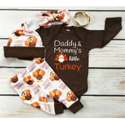 Qtinghua Newborn Infant Baby Girl Boy Thanksgiving Outfits Romper Bodysuit Turkey Pants Headband Hat Clothes Brown 12-18 Months