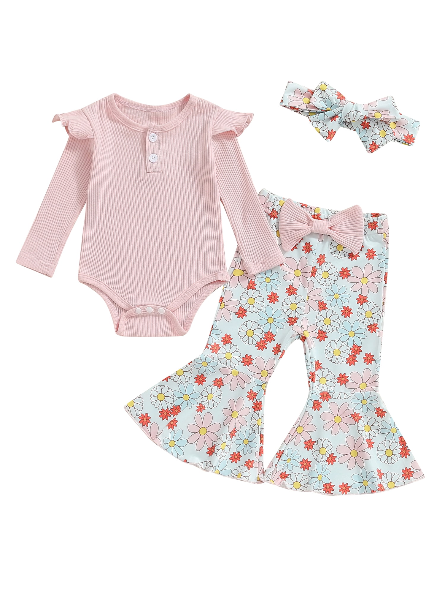 Qtinghua Newborn Infant Baby Girl Clothes Ruffle Ribbed Long Sleeve