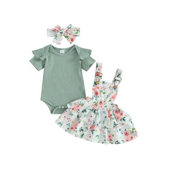 Qtinghua Newborn Infant Baby Girls Summer Outfits Ruffle Short Sleeve Romper + Floral Suspender Skirt + Headband Clothes Green 18-24 Months