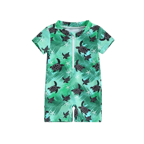 Qtinghua Newborn Infant Toddler Baby Boy Rash Guard Swimsuit Romper Zipper Short Sleeve Turtle/Shark Print Bathing Suit Swimwear Green 6-12 Months