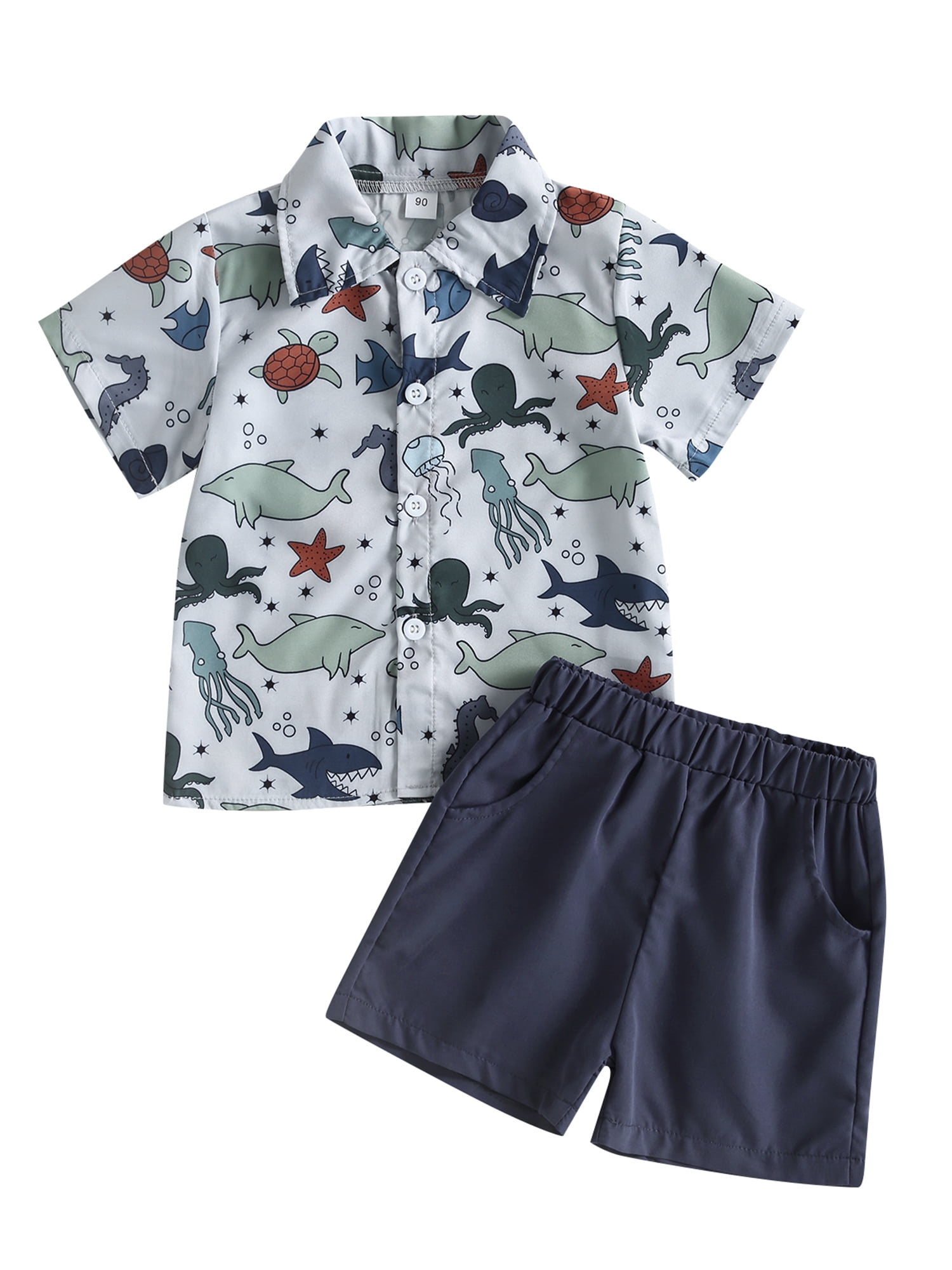Qtinghua Toddler Baby Boy Summer Outfits Cartoon Fish Print Short Sleeve  Button Down Shirts Tops Shorts 2Pcs Clothes