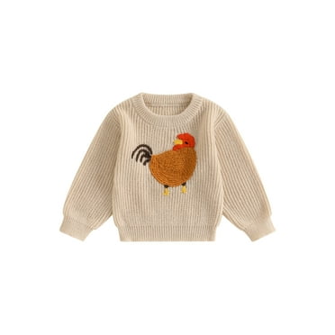 Qtinghua Toddler Baby Girl Boy Knit Sweater Rooster Embroidery Western Country Sweatshirt Oversized Tops Fall Winter Clothes