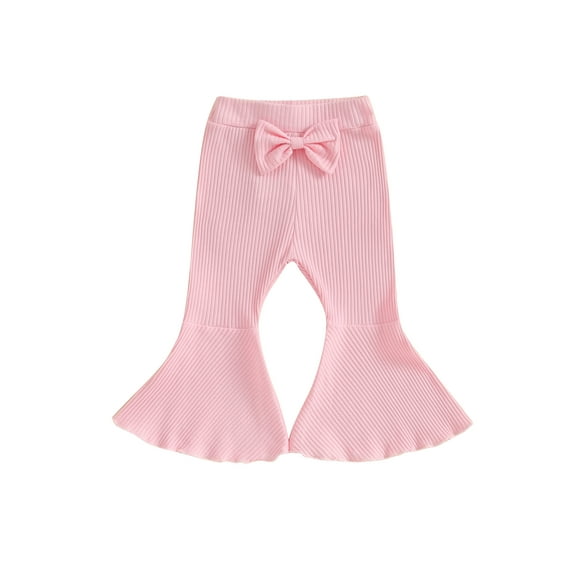 Qtinghua Toddler Baby Girl Flare Pants Solid Color Ribbed Elastic Bell Bottoms Trousers Bow Ruffle Pants Pink 12-18 Months