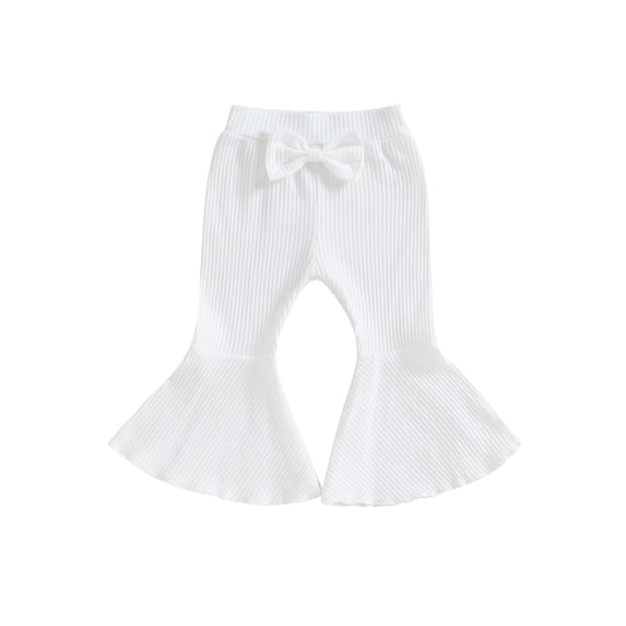 Qtinghua Toddler Baby Girl Flare Pants Solid Color Ribbed Elastic Bell Bottoms Trousers Bow Ruffle Pants White 3-4 Years