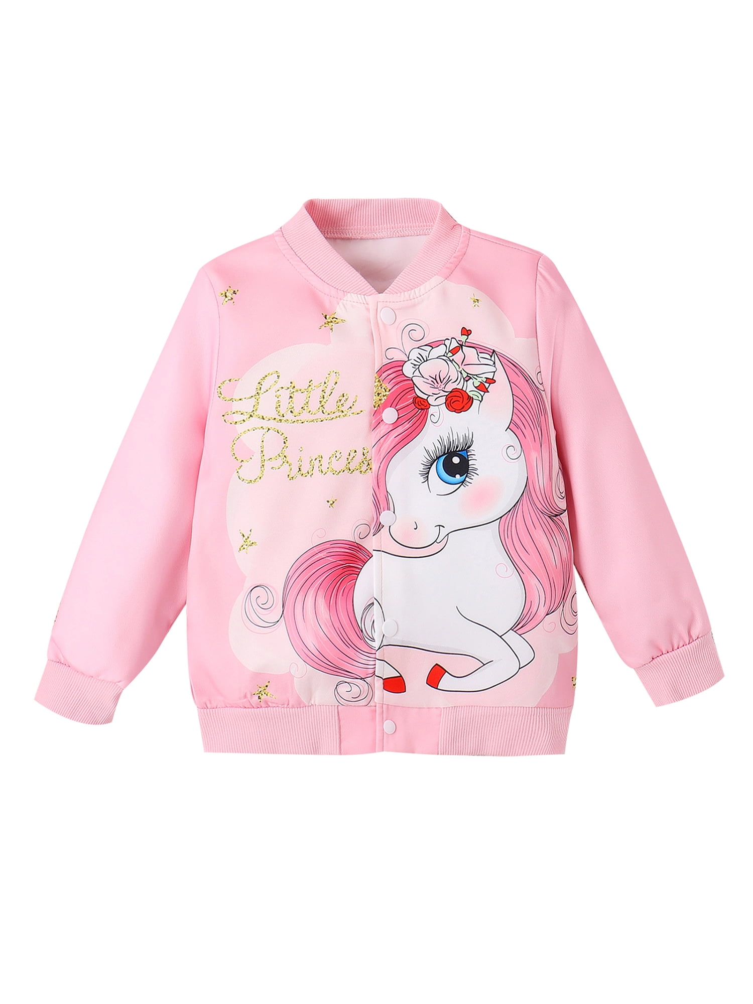 Qtinghua Toddler Baby Girls Baseball Jackets Long Sleeve Stand Collar Unicorn Print Loose