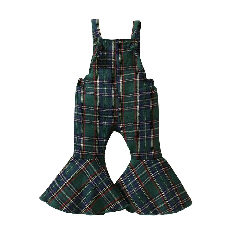 Qtinghua Toddler Baby Girls Bell Bottom Romper Plaid Flared Overalls  Jumpsuit Sleeveless Strap Suspender Pants Outfits Dark Green 2-3 Years
