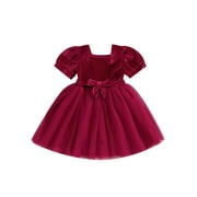 Qtinghua Toddler Baby Girls Christmas Dress Square Neck Short Puff Sleeve Dress Layered Tulle Casual Princess Dress with Belt Red 6-12 Months