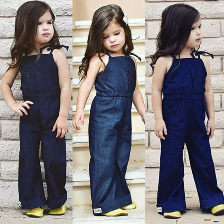 Qtinghua Toddler Baby Girls Denim Jeans Strap Sleeveless Jumpsuit Romper  Bodysuit Long Trousers Clothes Blue 4-5 Years 