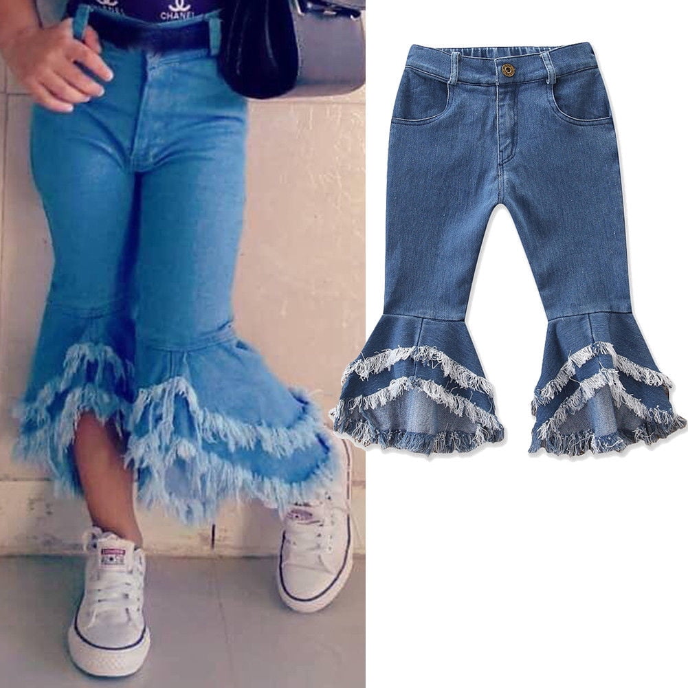 Amazon.com: Toddler Baby Girl Jeans Bell Bottom Pants Double Layers Ruffle  Jeans Elastic Waist One Piece Denim Pants (Red, 2-3 Years): Clothing, Shoes  & Jewelry