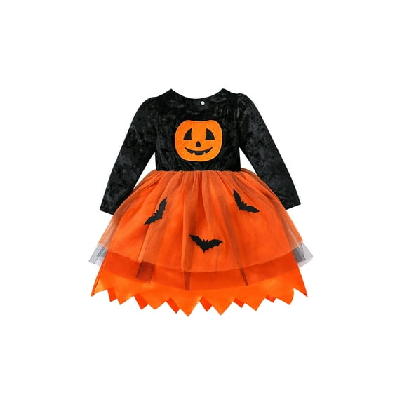 Qtinghua Toddler Baby Girls Halloween Dress Pumpkin Bat Print Multi-Layered Mesh Tulle Dress Party Princess Dress Orange 2-3 Years