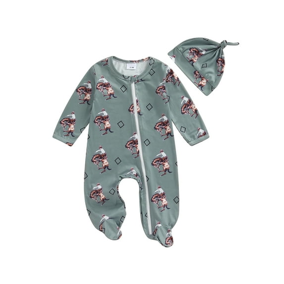 Qtinghua Western Baby Boy Girl Clothes Infant Footies Romper Cow/Horse Long Sleeve Zipper Jumpsuit with Hat Cowboy Outfit
