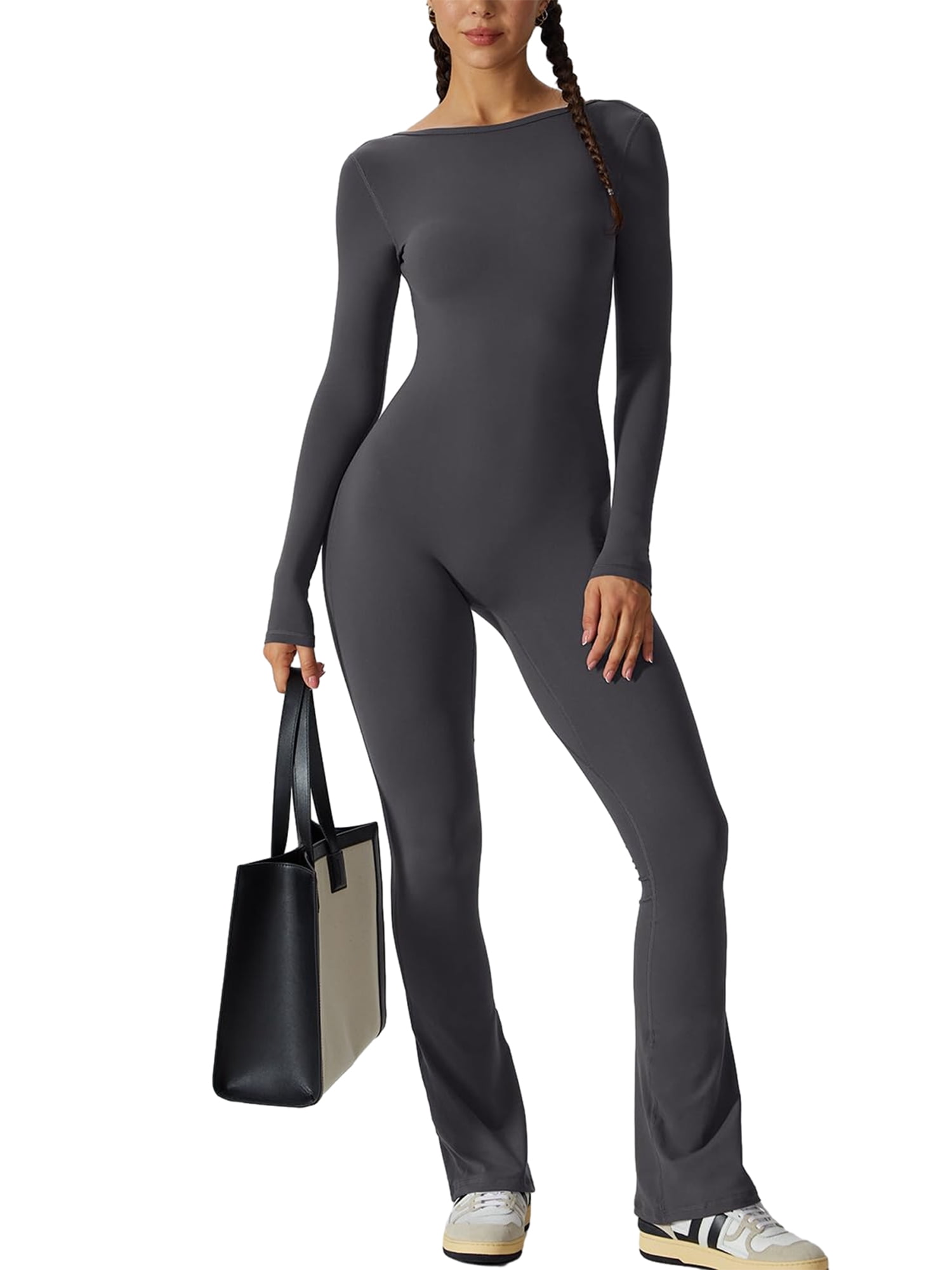 Qtinghua Women Yoga Jumpsuit Open Back One Piece Bodycon Romper Wide